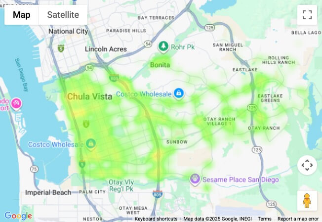 Car crash heat map for Chula Vista, CA (2023 - first half of 2025)
