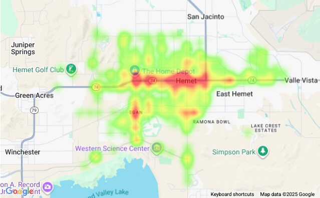Car crash heat map for Hemet, CA (2023 - first half of 2025)