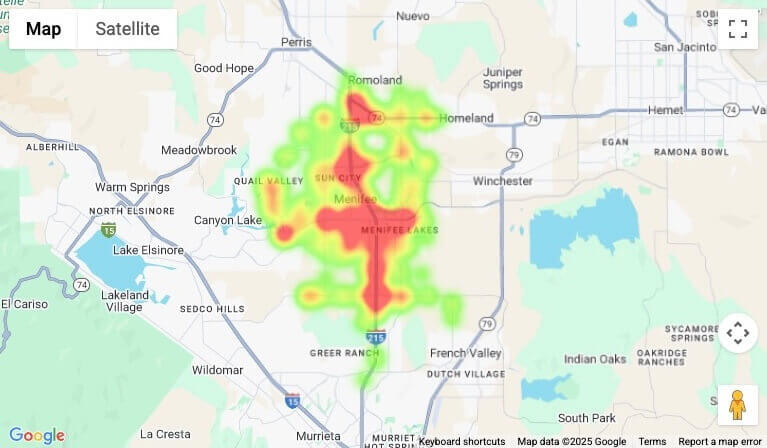 Car crash heat map for Menifee, CA (2023 - first half of 2025)