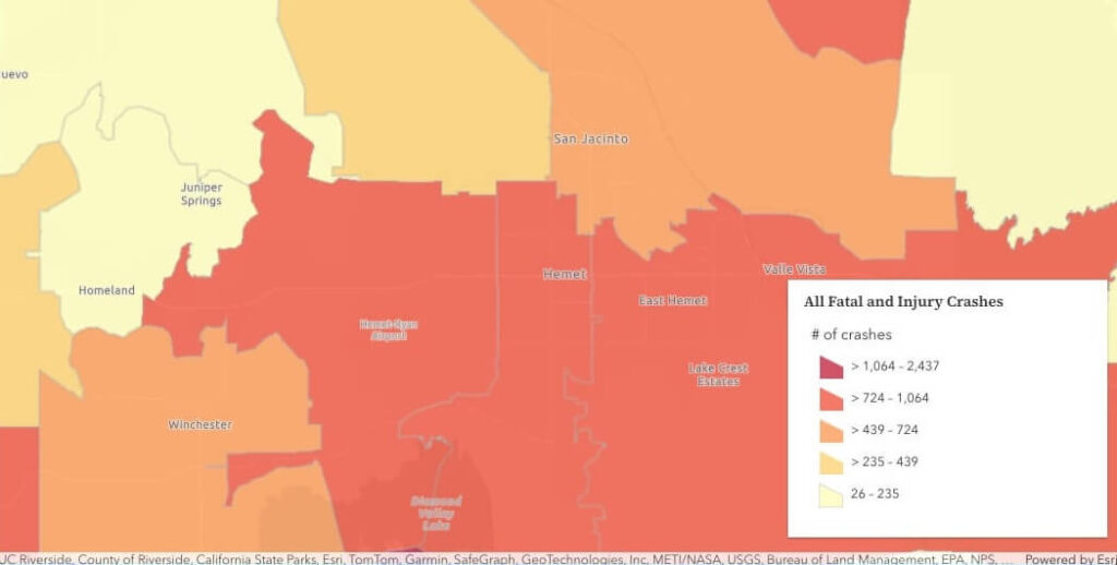 Number of car crashes near Hemet CA, 2020-2024, by zip code