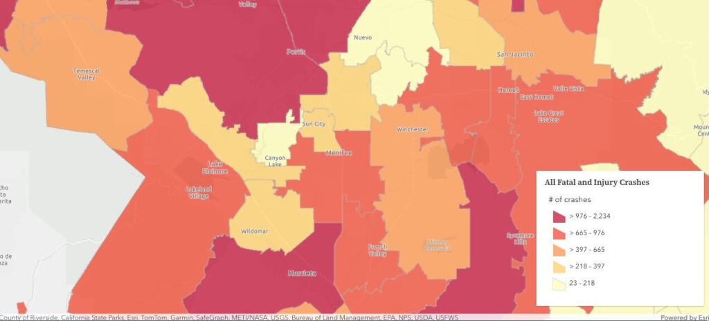 Number of car crashes near Menifee CA, 2020-2024, by zip code